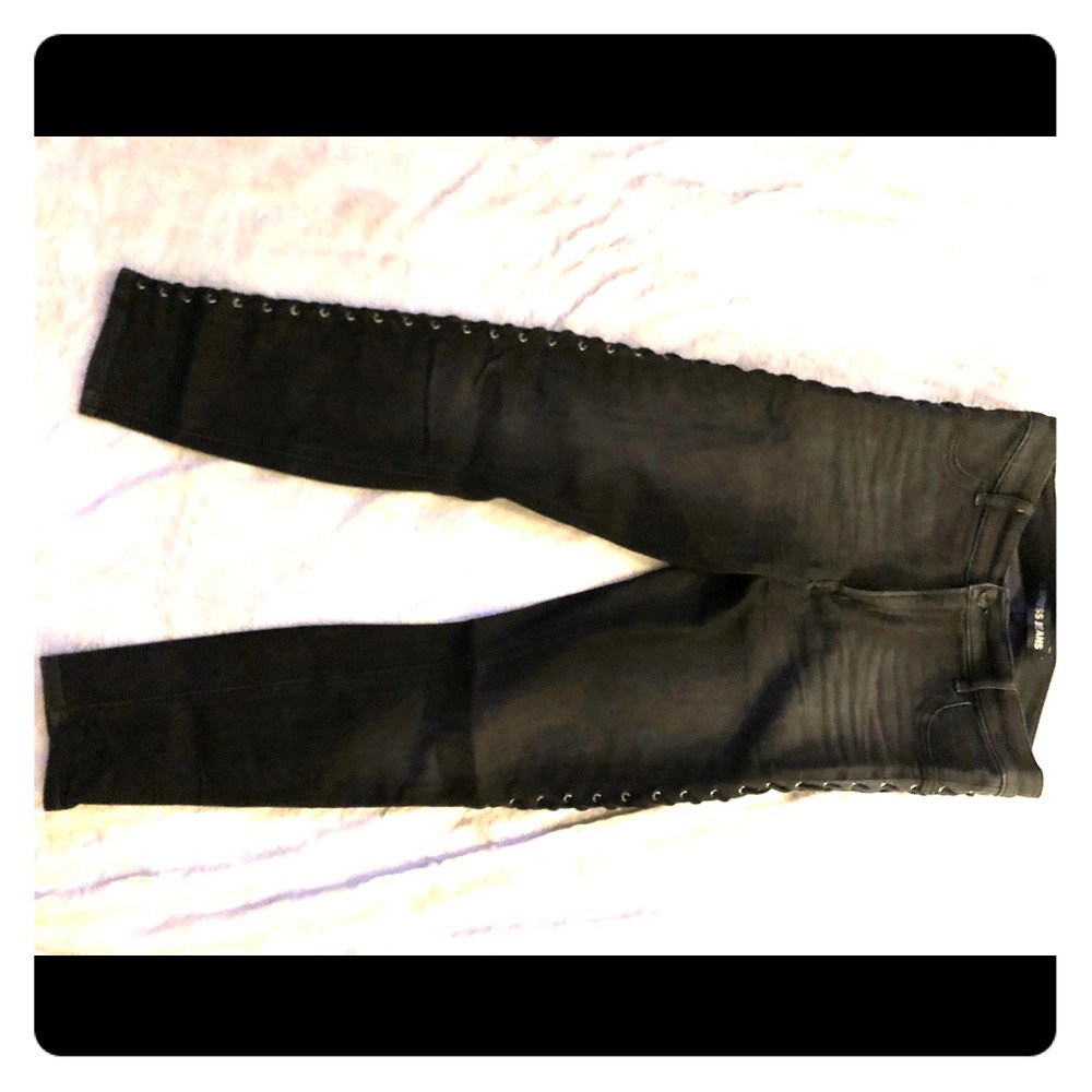 Express gray jeans with leather stitching up side